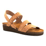Sandal, Naot Kayla, brown wedge sole, three straps, cork-latex footbed for support, side view.