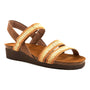 Sandal, brown leather, low wedge, woven straps, cork-latex footbed with arch support. Naot Kayla.