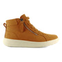 Shoe, tan leather high-top Strive Kensington with EVA footbed, white sole, laces, and visible side zipper.