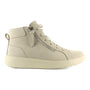 Shoe, beige leather, Strive Kensington high-top with laces, side zipper, and EVA footbed for support, profile view on white.