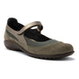 Shoe, olive green suede, Naot Kirei, rubber sole, single strap, orthotic-friendly for comfort and support.