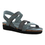 Sandal, Naot Krista in gray with crisscross straps, arch support, low cork sole, and black base.