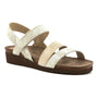 Sandal, beige leather Naot Krista, strappy with ankle strap, low wedge heel, textured sole, cushioned cork-latex footbed.
