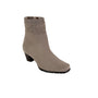 Boot, light taupe stretch-knit, low block heel, side zipper. Kalista by David Tate. Comfort flexible upper.