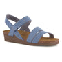 Sandal, blue denim, Naot Kayla with cork/latex footbed, brown wedge sole, open toe; comfort support features visible.