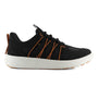 Shoe, Strive Lisbon, black with orange laces, white sole, low-cut design, contoured footbed for support, side view.