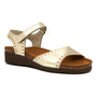 Sandal, Naot Luna, gold leather with open toe, ankle strap, supportive cork-latex footbed, brown cork sole.