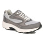 Shoe, Drew Shoes Lance, gray/white mesh upper, thick rubber sole, arch support; shown on white background.