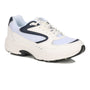 Sneaker, Drew Shoes Lance, white with black accents, mesh panels, thick sole, arch support, on plain background.