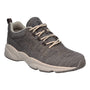 Shoe, gray knit, beige laces, thick sole, pull tab. Propet Stability Fly men’s sneaker with comfort-focused design.