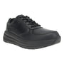 Shoe, black leather, Propet Ultima lace-up with thick sole for stability, angled on white background.