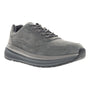 Walking shoe, gray synthetic, thick sole, black laces, rounded toe for stability. Propet Ultima.