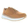 Shoe, tan synthetic Propet Ultima lace-up with thick white/tan sole, side view, cushioned for walking comfort.