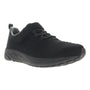 Shoe, black mesh Propet Tour Knit Fx with hook-and-loop strap and textured rubber sole, front left angle.
