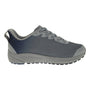Shoe, gray synthetic, Propet One Evolve by Propet, lightweight midsole, textured sole, laces, heel pull tab side view.