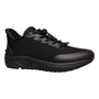 Shoe, black mesh Propet One Velocity, thick sole, toggle lace, cushioned footbed, side view.
