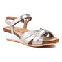 Sandal, Naot Madame, silver leather with knot detail, ankle strap, cork-latex footbed, light brown sole for support.