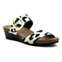 Sandal, cow print leather with cork-latex footbed, gold ankle buckle; Naot Magic comfort wedge.