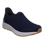 Shoe, Propet One Velocity Slip On, navy textile upper, wide toe box, white sole with tan tread, angled on white background.