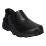 Shoe, black leather Propet Stability Freestyle men’s slip-on with thick sole, visible stitching, and stable design.
