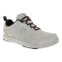 Shoe, white mesh upper with black sole, patterned laces, P logo, and removable footbed for adjustable comfort.