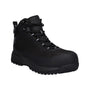 Men’s work boot in black leather, Propet Spero, textured puncture-resistant sole, reinforced toe, shown on white.