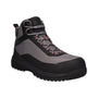 Work boot in gray/black mesh with red accents, Propet Spero men’s, safety rated, puncture-resistant sole, on white.
