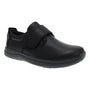Shoe, black leather, Propet Palmer, adjustable strap, orthotic-friendly. Shown on white background.