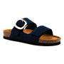 Sandal, Naot Miami in navy blue with buckle strap, cork-latex footbed for arch support, black sole shown at an angle.