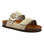 Sandal, Naot Miami: beige woven upper, two straps, adjustable buckle, brown flat sole for comfort.