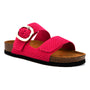 Sandal, pink, Naot Miami with two textured straps, adjustable buckle, cork-latex footbed for support on black sole.