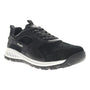 Shoe, black with white sole, Ortholite insole for cushioning, black laces, Propet branding on side.