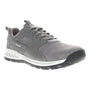 Athletic shoe, gray mesh Propet Visp with lace-up closure, Ortholite insole, black sole, side logo, front/left view.