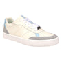 Shoe, cream leather with light blue and gray accents, white laces, thick sole. The Mykos Diana sneaker side view.