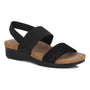 Sandal, black fabric, Maeve by Drew Shoes, two straps, slingback heel, cork footbed, low wedge sole for comfort.