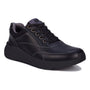 Sneaker by Drew Shoes, black leather, men’s, with arch support, black laces, and thick sole.