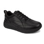 Athletic shoe, black leather, Drew Shoes Midwood with laces and visible arch support, front view on white background.