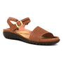 Sandal, brown leather, open toe, ankle strap with gold buckle, arch support, black textured sole. Naot Nagoya.