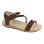 Sandal, brown leather; Strive Nice brand with ankle straps, Velcro closure, and memory foam footbed for comfort.