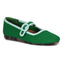 Mary-Jane flat by Ros Hommerson in green knit with arch support, cushioned insoles, and patterned white sole.