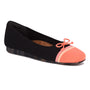 Ballet flat, black synthetic with coral toe and bow, striped details, slip-resistant sole; Ros Hommerson Noelle side view.