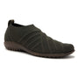 Sneaker, dark green knit, Naot Okahu slip-on with textured sole, heel pull tab; vegan. Shown on white background.