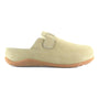 Clog, Strive Oslo, beige suede, adjustable strap, tan sole, biomechanical footbed for support; side view.