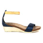 Sandal, Naot Pixie, blue-beige, cork-latex footbed, arch support, open toe, ankle strap, side view.