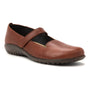 Flat shoe, brown leather, Naot Purini with orthotic-friendly strap and slip-resistant black sole.