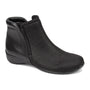Bootie by Drew Shoes, black leather, women’s, arch support, flat sole, round toe, side zipper.