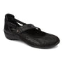 Mary Jane shoe, black textured leather, adjustable strap, arch support, low heel; Drew Shoes Petra on white background.