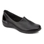 Slip-on shoe, black leather, pointed toe, low heel from Drew Shoes; visible arch support; shown on white background.