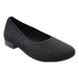 Shoe, black knit, stretch upper, round toe, low block heel; David Tate Runway; side view.