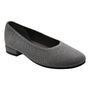 Ballet flat, metallic gray, synthetic material, low heel, rounded toe. David Tate Runway line. Shown on white background.